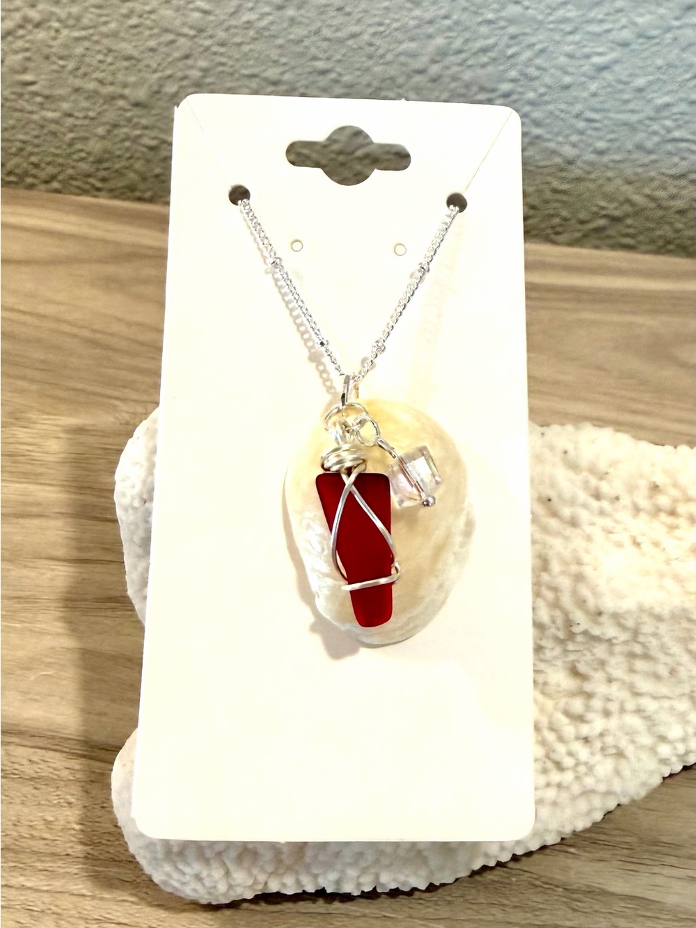 29. Handcrafted Red Sea Glass Pendant Necklace - Sterling Tone Chain
